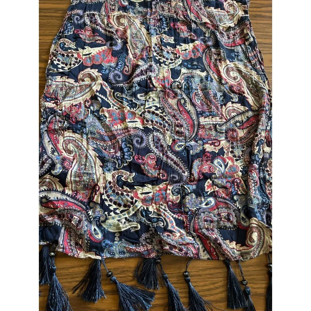 Blue pink white paisley scarf with tassels